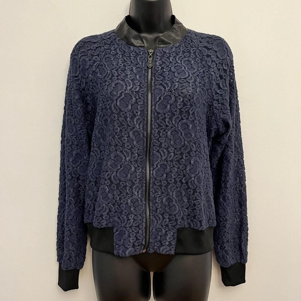 Stella & Dot Navy Lace and Faux Leather Bomber Jacket, Size Small